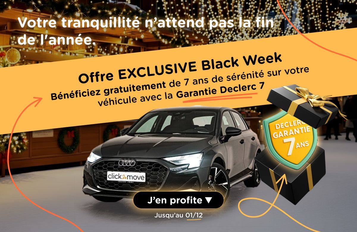 Offre EXCLUSIVE Black Week : Bénéficiez gratuitement de 7 ans de sérénité sur votre véhicule avec la Garantie Declerc 7. Disponible jusqu'au 1er dé